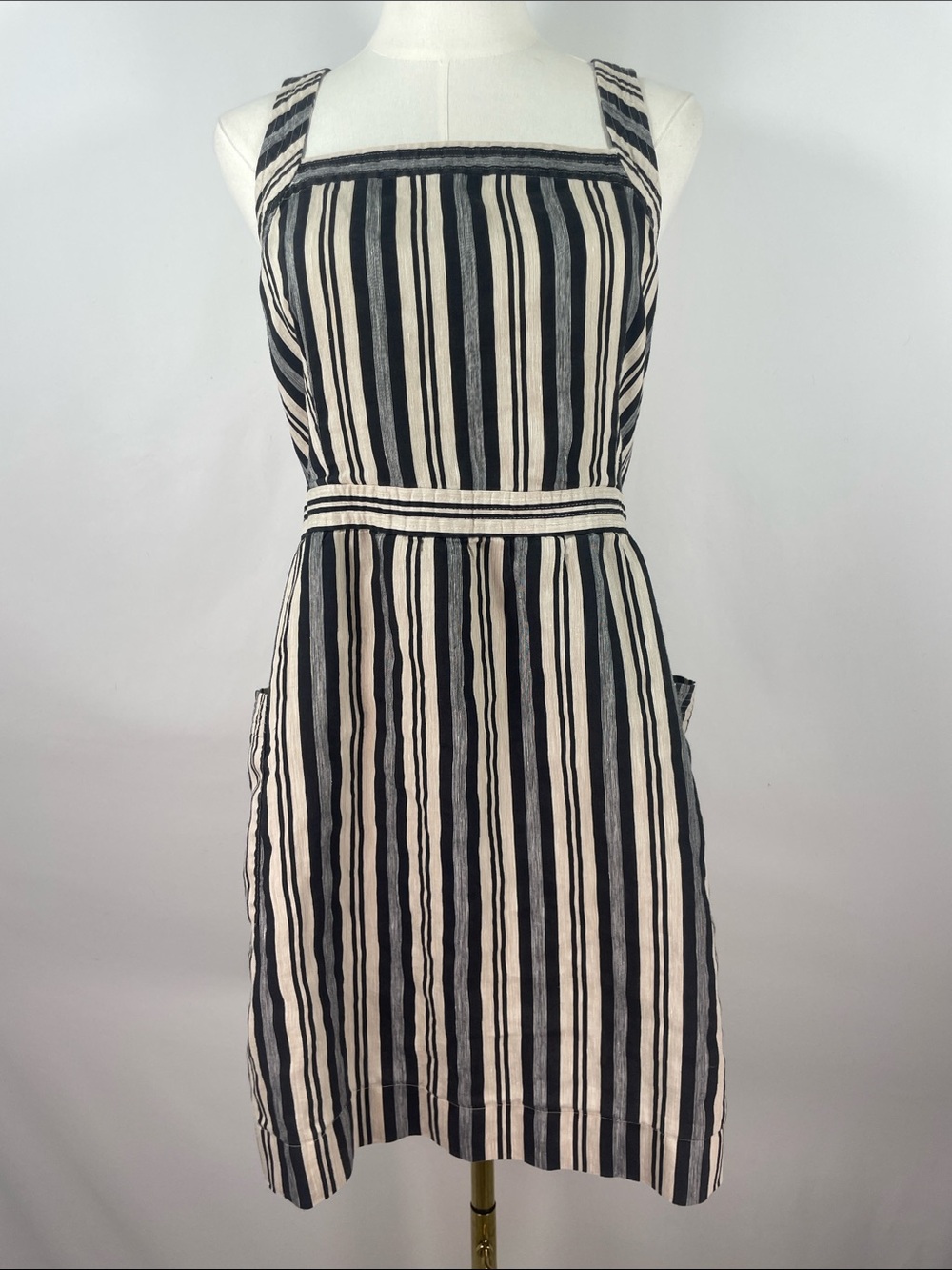 Madewell Evelyn Black Stripe Apron Mini Dress 12 Linen Cotton Cross Back Button